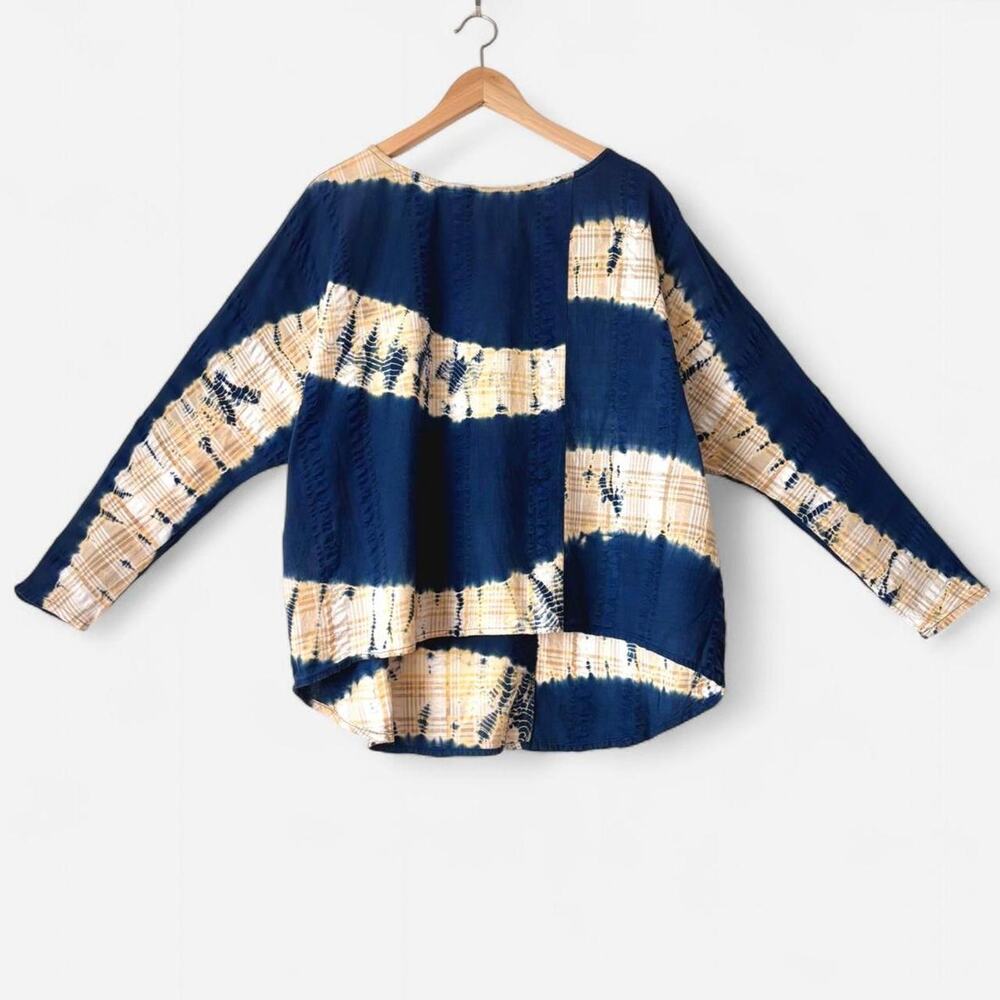 Babette Tie Dye Plaid Dolman Sleeve High Low Blouse Boho Made in USA One Size